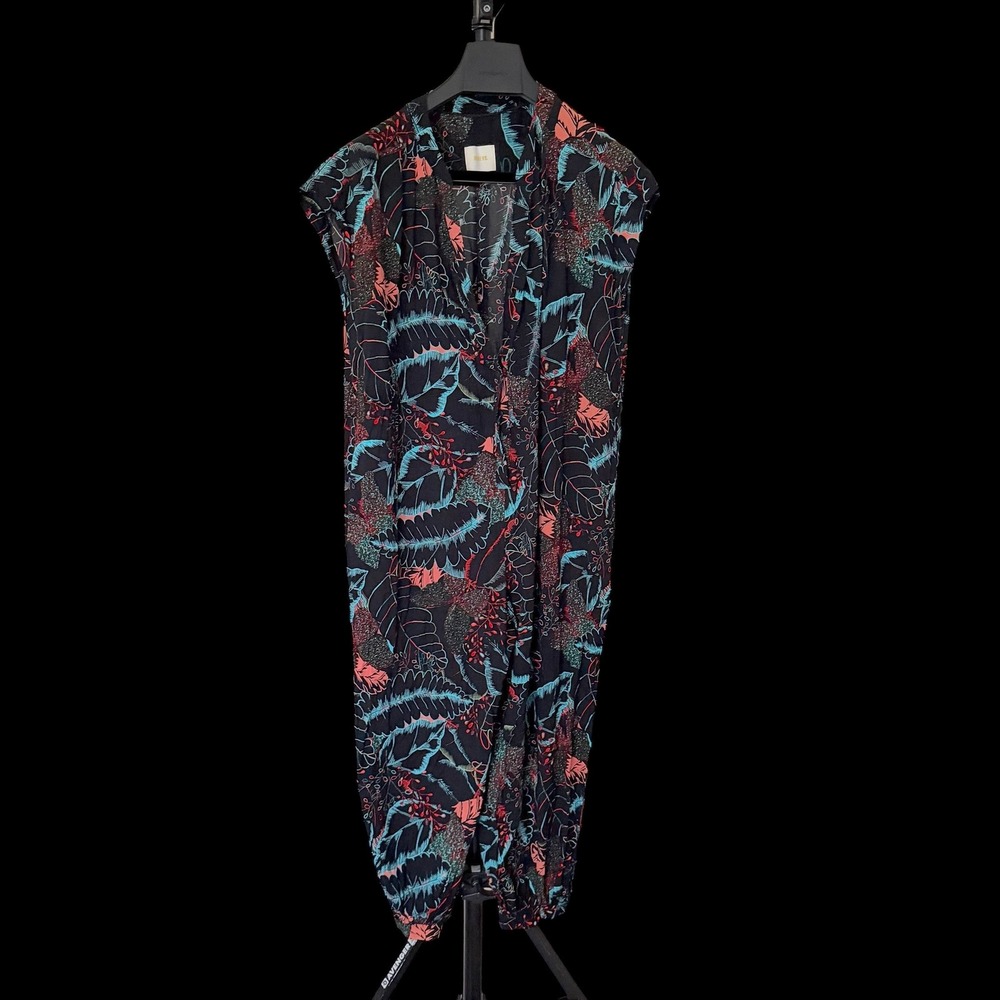 Maeve Anthropologie Tropical Leaf Print Jumpsuit Black Blue Pink Rayon Small